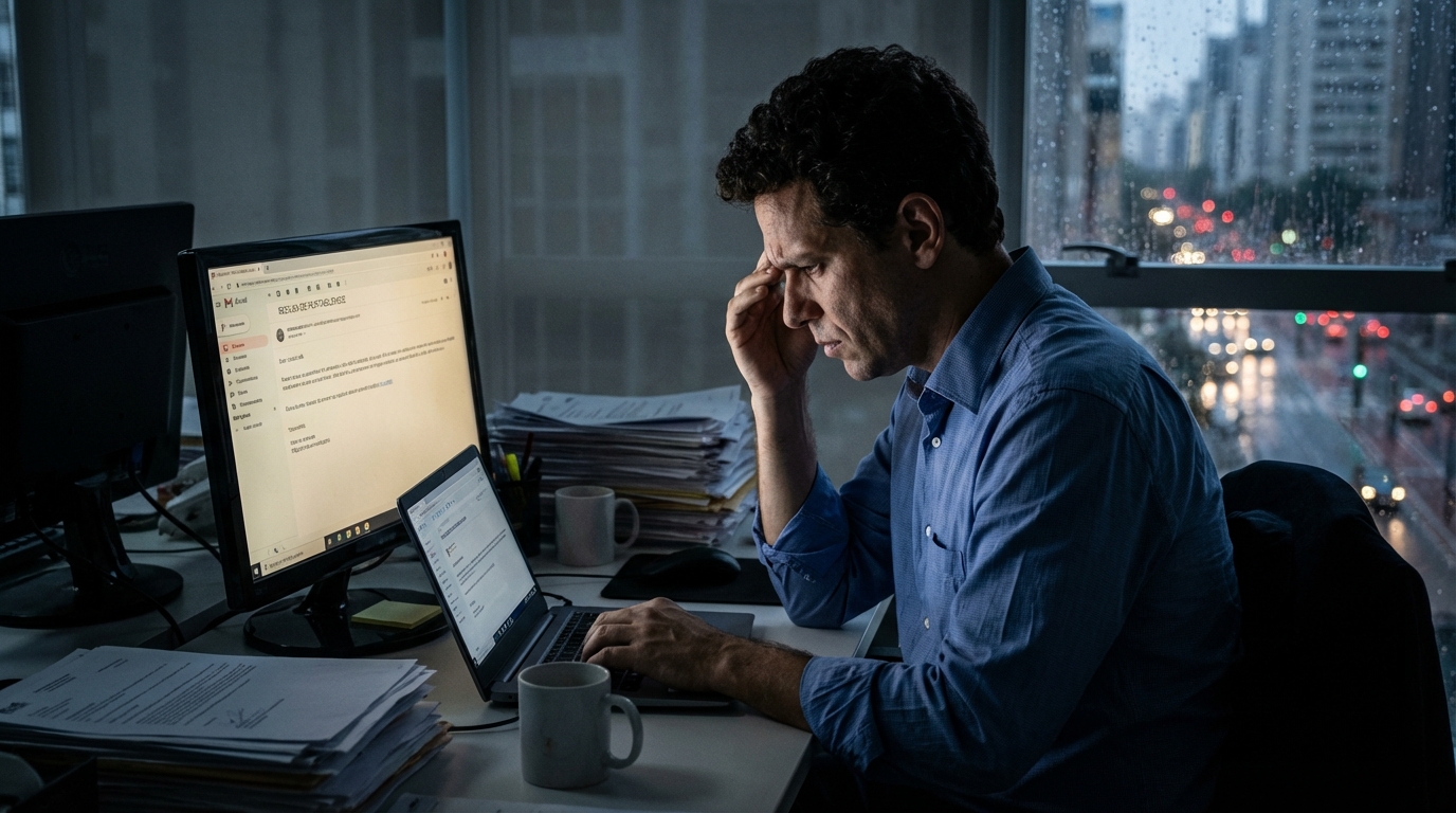 Profissional brasileiro de TI estressado no escritório analisando e-mail de recusa do plano empresarial