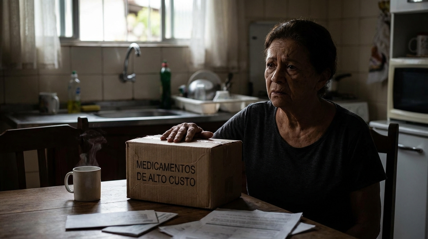 Mulher idosa brasileira segurando caixa de medicamentos de alto custo com semblante preocupado em sua cozinha