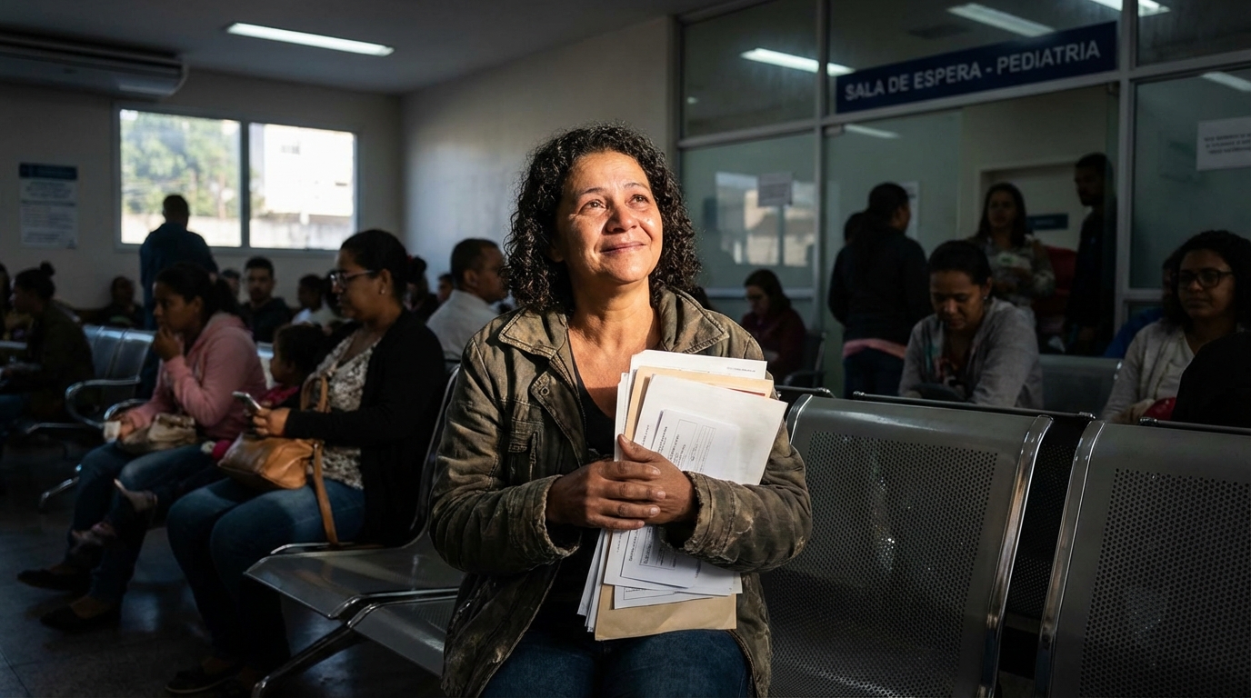 Mãe brasileira em sala de espera de hospital pediátrico segurando documentos com expressão de alívio e esperança