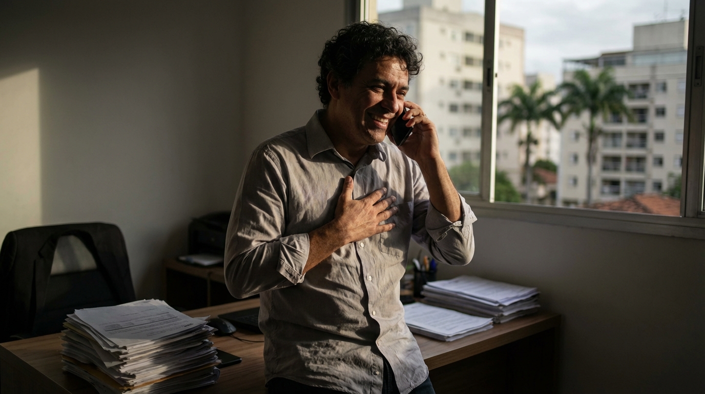 Homem brasileiro aliviado conversando ao celular no escritório com sorriso após resolução de problema jurídico