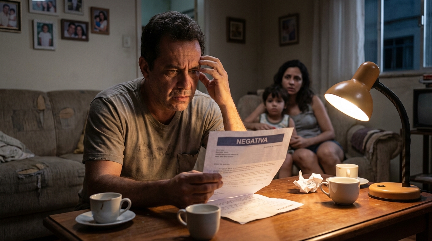 Pai de família brasileiro angustiado analisando a negativa do plano de saúde na sala de estar, buscando uma liminar contra plano de saúde