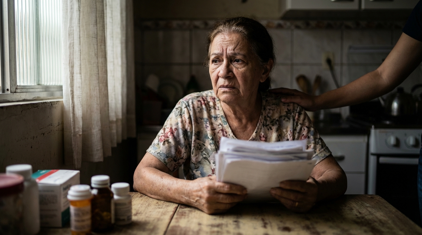 Mulher idosa brasileira com expressão de dor e preocupação segurando receitas médicas após receber negativa de cobertura ANS
