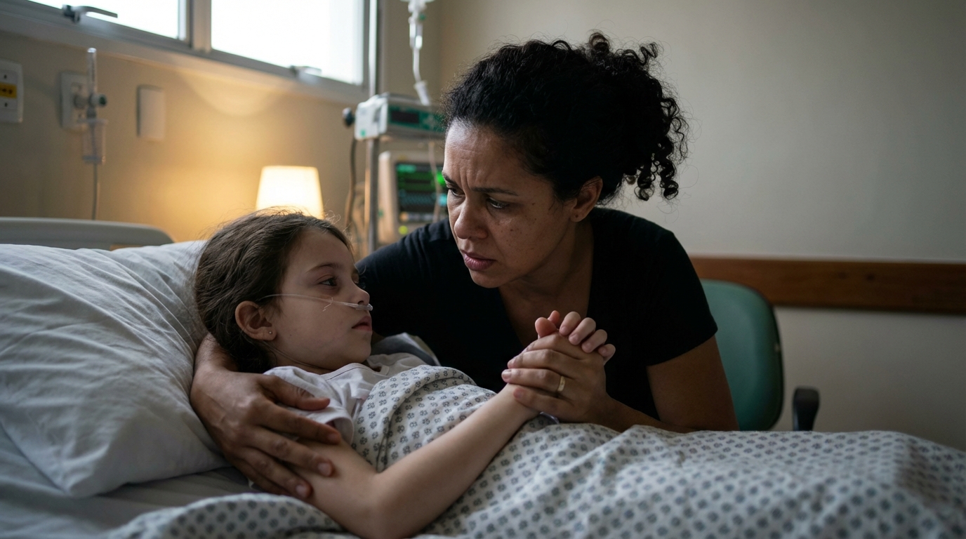 Mãe brasileira abraçando filha doente no quarto de hospital aguardando tratamento com medicamento de alto custo liminar