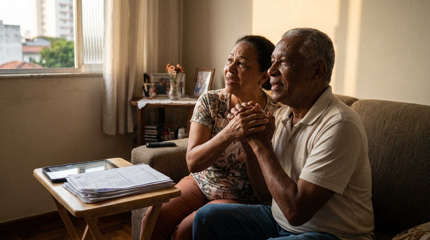 Casal brasileiro de mãos dadas demonstrando alívio e esperança após conseguir a aprovação de uma tutela de urgência saúde