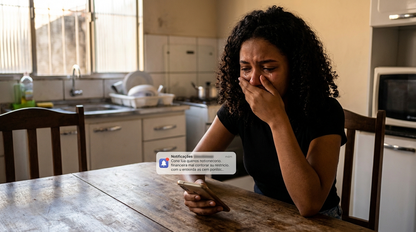 Jovem estudante brasileira chorando de frustração ao olhar a tela do celular com notificação de negativação indevida na mesa da cozinha
