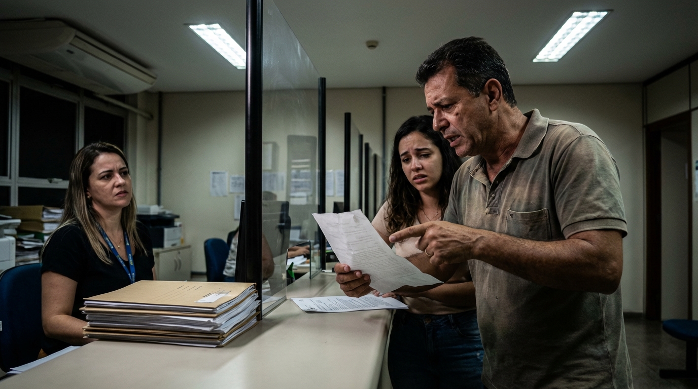 Pai e filha brasileiros em uma secretaria universitária discutindo de forma tensa com atendente sobre um boleto de cobrança de taxa abusiva