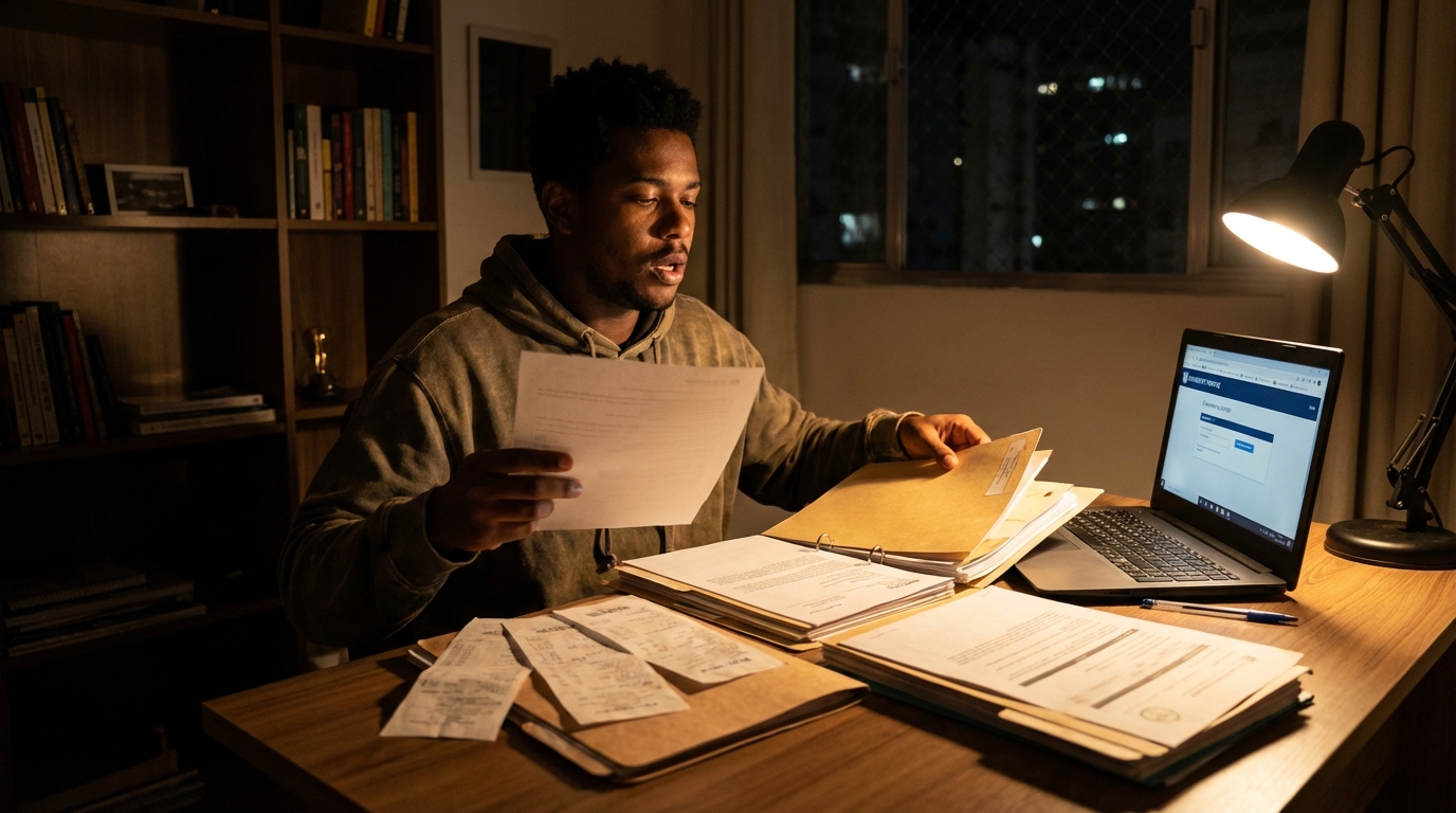 Estudante universitário negro com expressão de alívio organizando pastas de documentos e comprovantes de pagamento em sua escrivaninha de estudos à noite