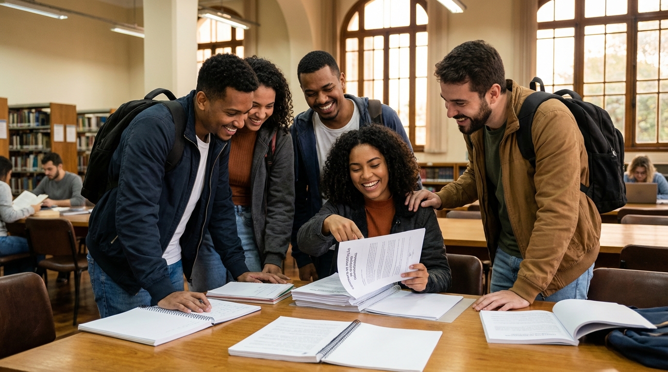 Grupo diversificado de alunos brasileiros do ensino superior lendo atentamente o contrato de matrícula na biblioteca e sorrindo com confiança