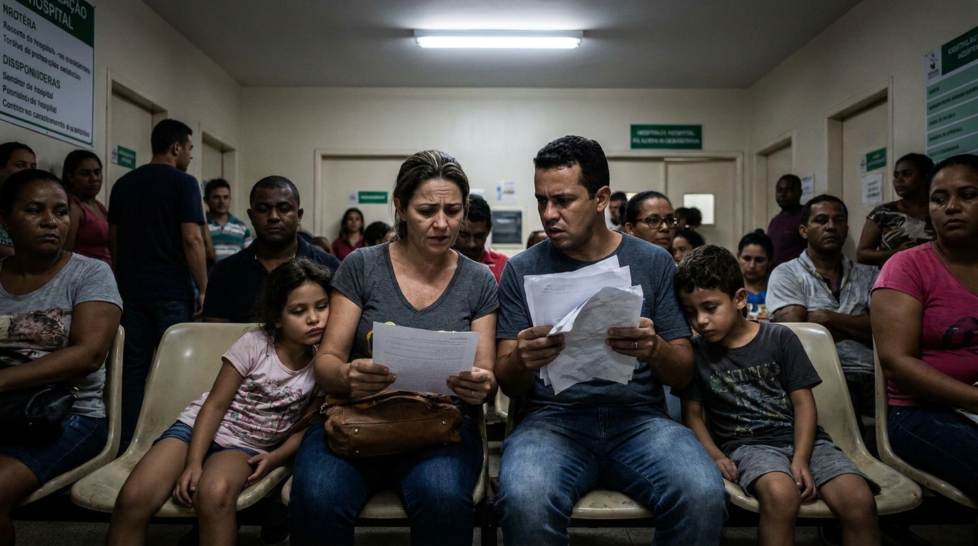 Família brasileira em sala de espera de hospital estrangeiro com expressões de angústia e desespero revisando documentos