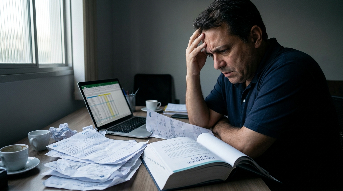 Empresário brasileiro em escritório revisando faturas médicas internacionais e apólice de seguro com expressão de frustração financeira