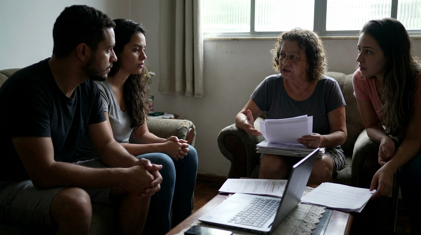 Mulher brasileira idosa conversando com familiares na sala de estar sobre custos médicos abusivos com semblante visivelmente preocupado