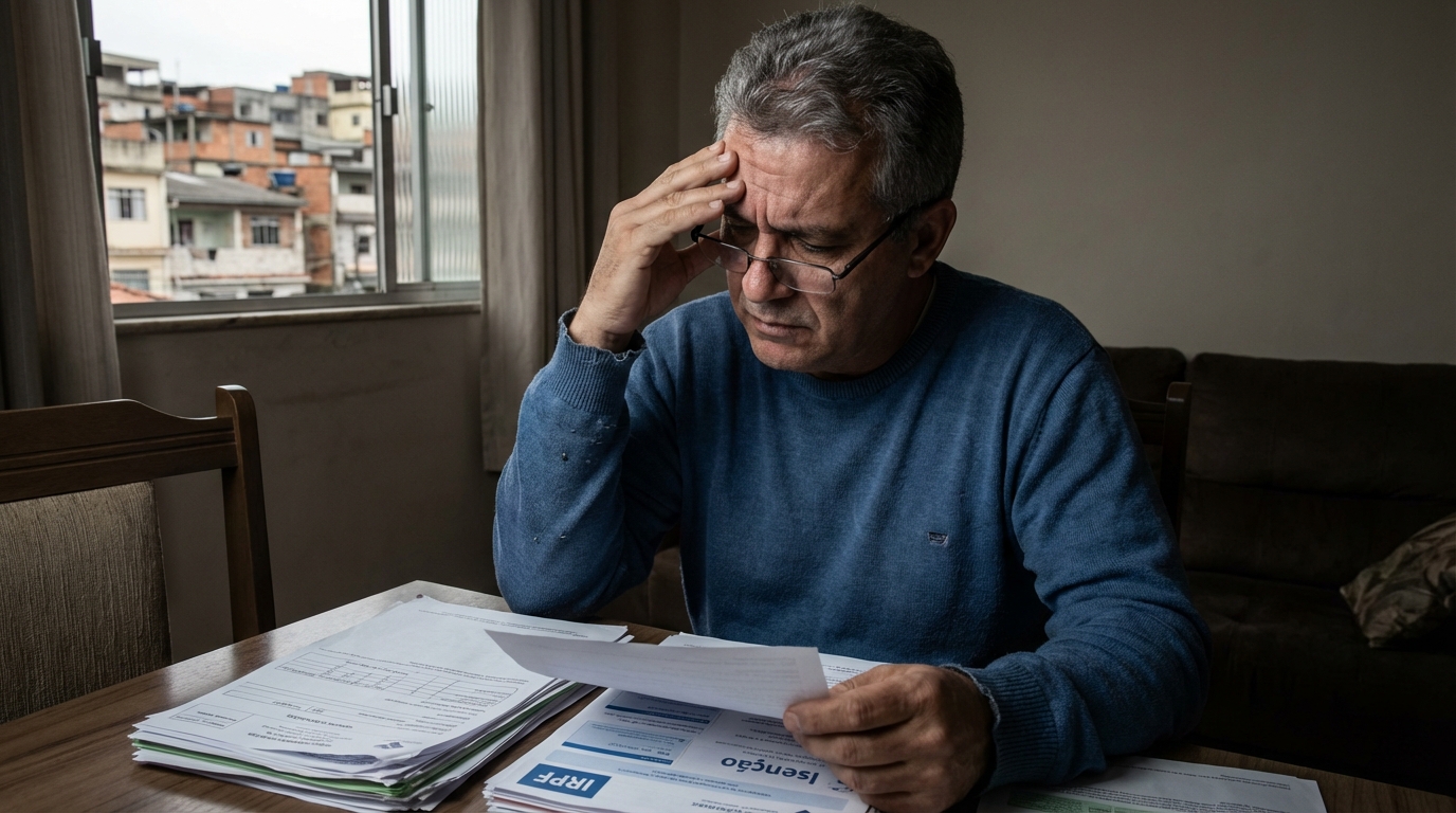 Homem brasileiro de meia idade com expressão preocupada lendo laudos médicos na sala de casa, refletindo sobre isenção de imposto de renda