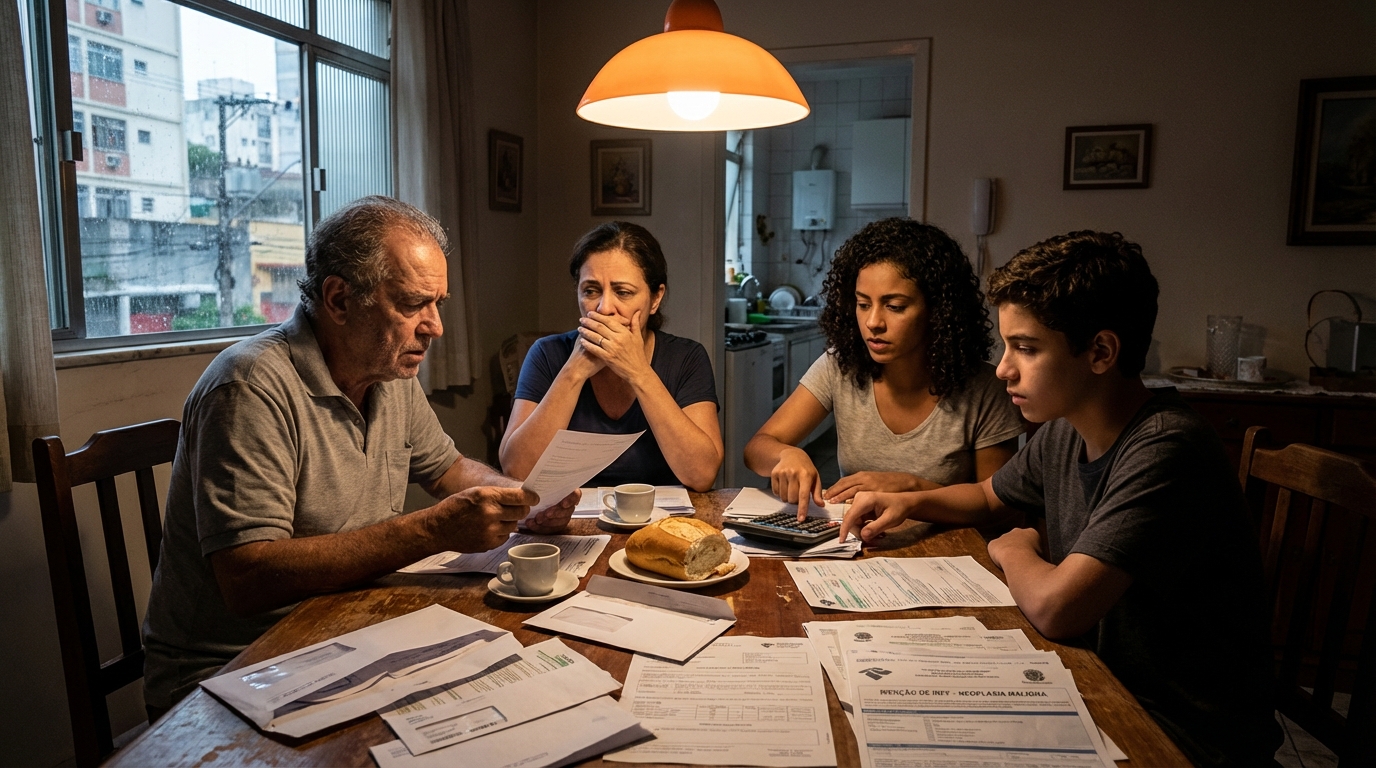 Família brasileira reunida na mesa de jantar revisando contas médicas e documentos de neoplasia maligna IRPF com semblante apreensivo