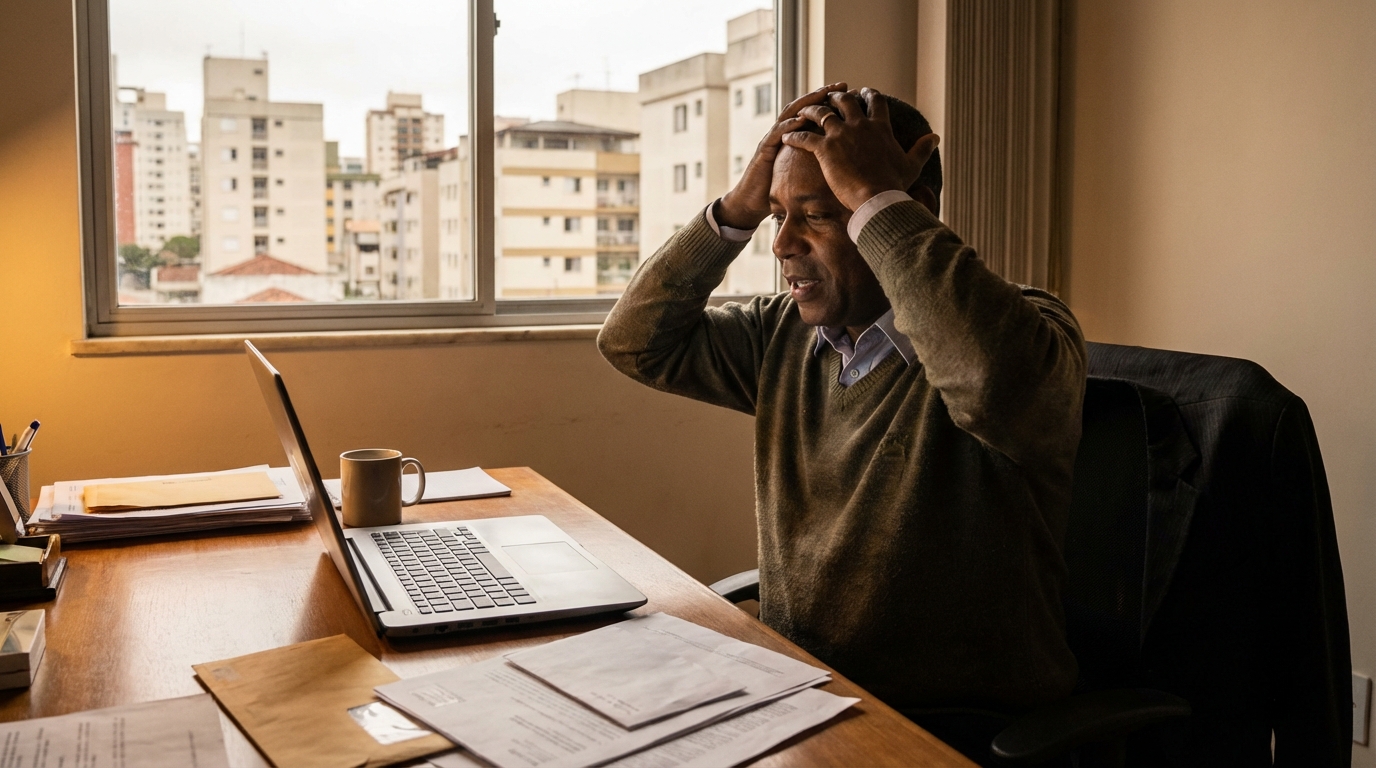 Empresário brasileiro negro em seu escritório, olhando para o notebook com alívio ao descobrir sobre recuperação de créditos tributários