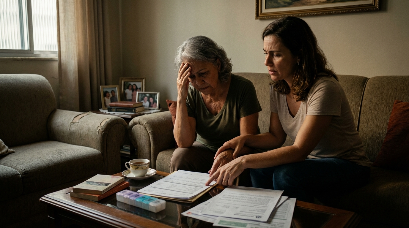 Senhora brasileira aposentada conversando com a filha no sofá de casa sobre planejamento tributário pessoa física e custos de tratamento