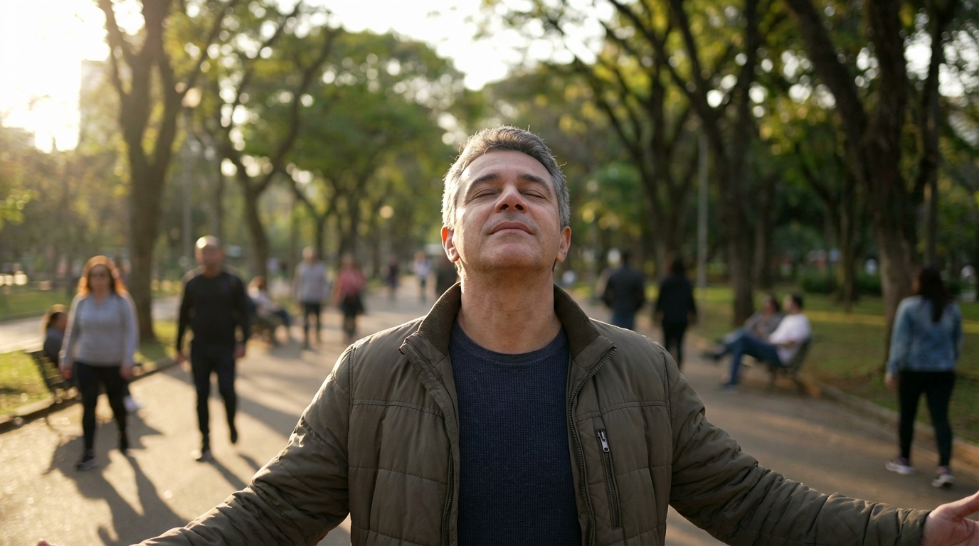 Cidadão brasileiro caminhando no parque respirando fundo, demonstrando alívio financeiro após garantir isenção IRPF doenças graves