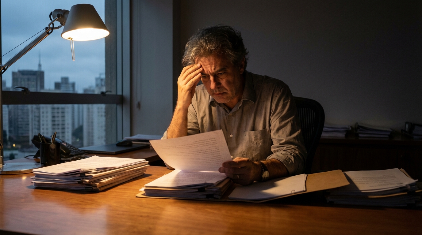 Empresário brasileiro de meia idade com expressão de preocupação analisando documentos de notificação fiscal em um escritório moderno