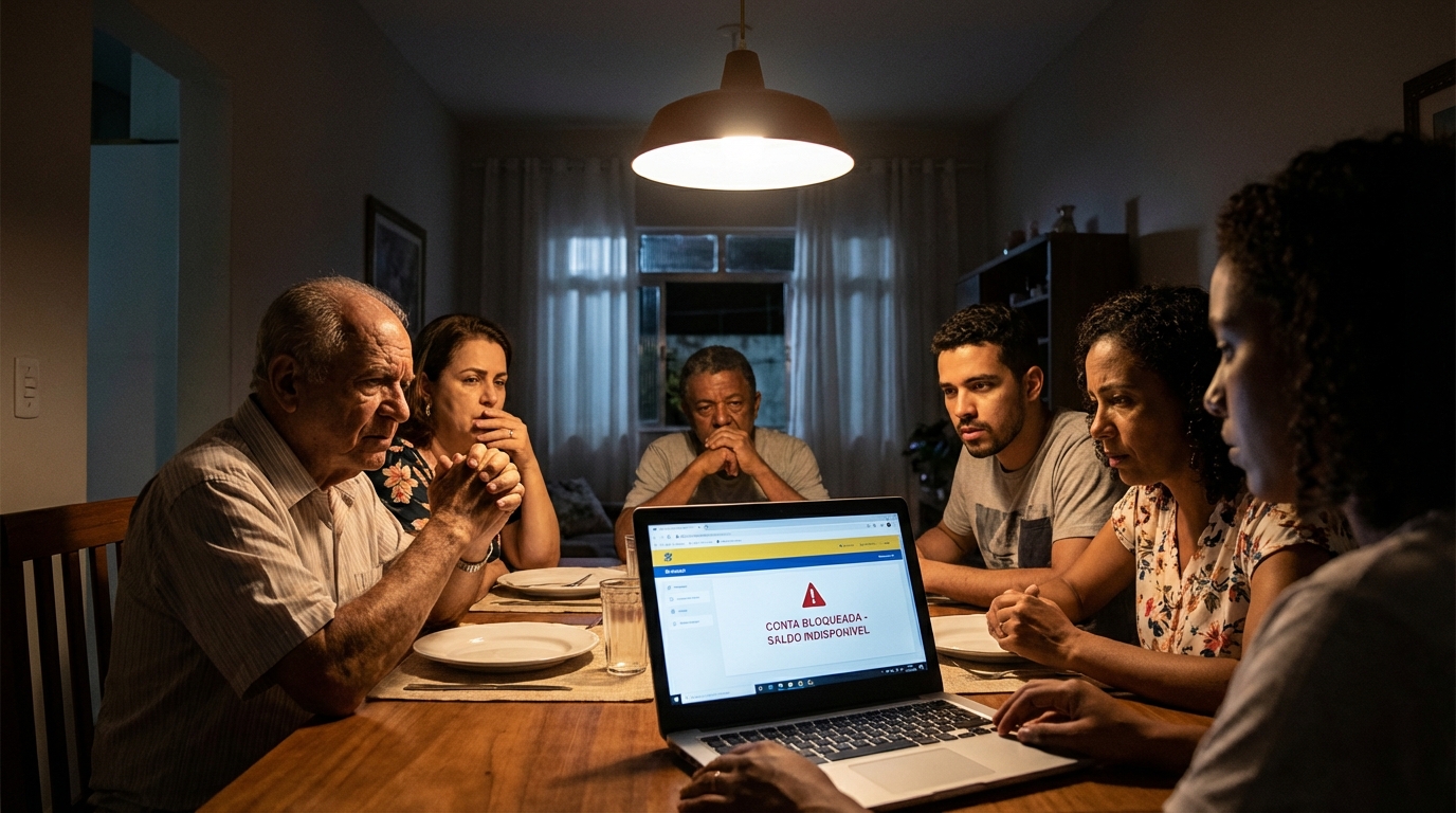 Família brasileira diversificada reunida na mesa de jantar olhando ansiosamente para um laptop exibindo extratos bancários bloqueados