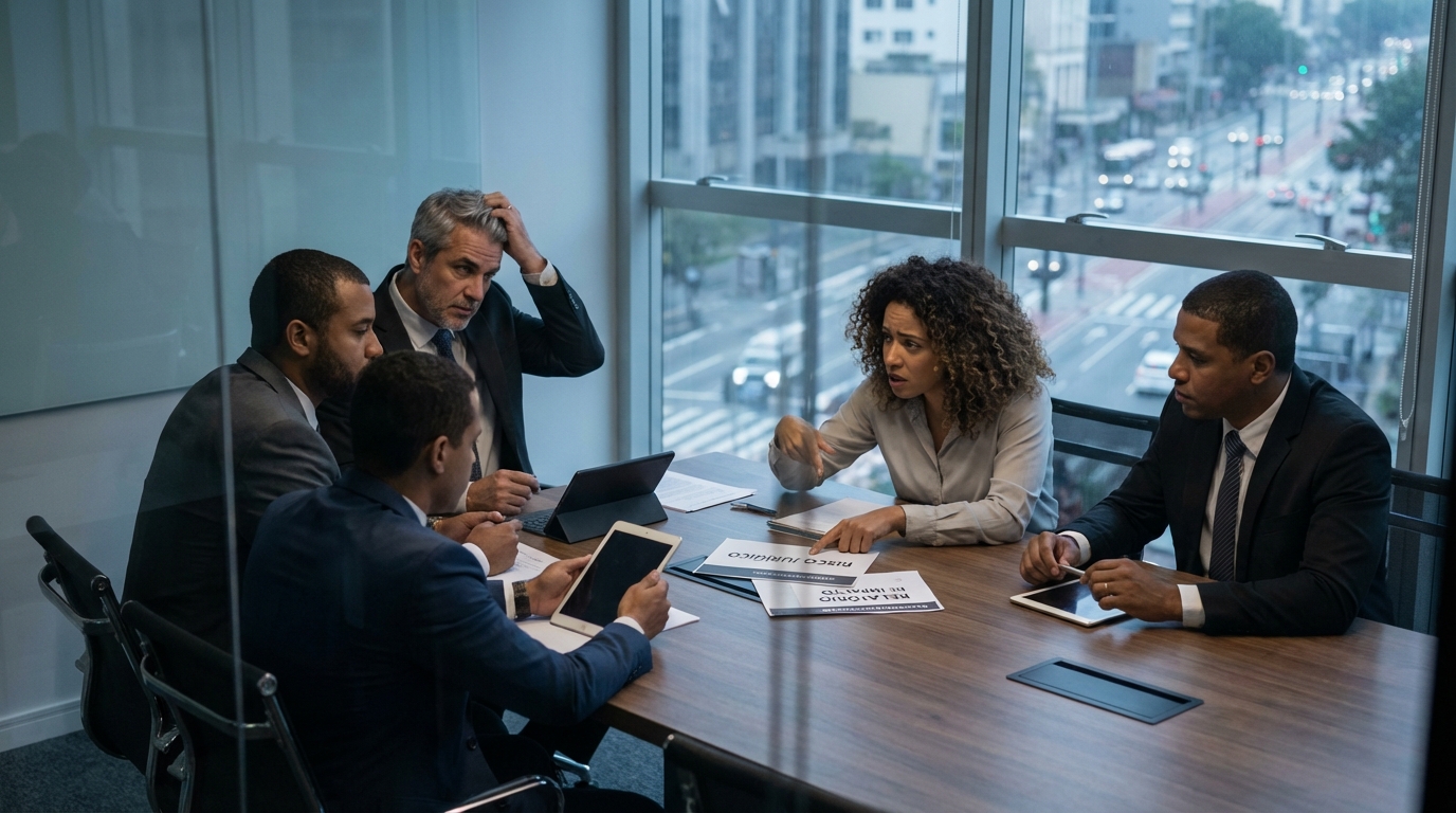 Conselho de administração composto por executivos brasileiros diversos em reunião tensa analisando relatórios de risco jurídico