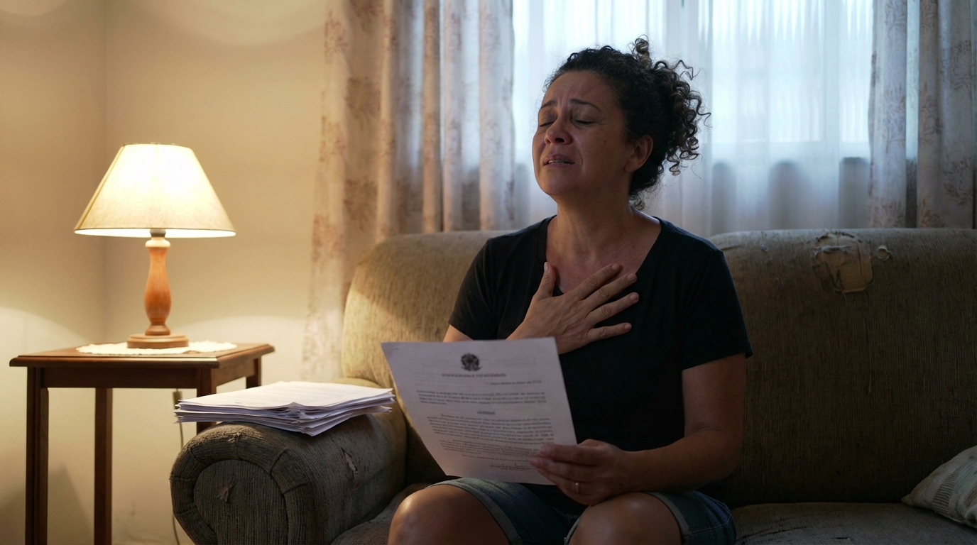 Cidadã brasileira aliviada lendo documento legal em sua residência após reverter bloqueio judicial abusivo de suas contas