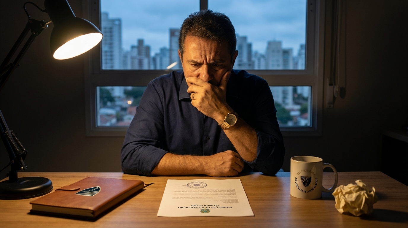Empresário brasileiro em escritório analisando notificação de investigação da Lei Antifacção com expressão de extrema preocupação e ansiedade