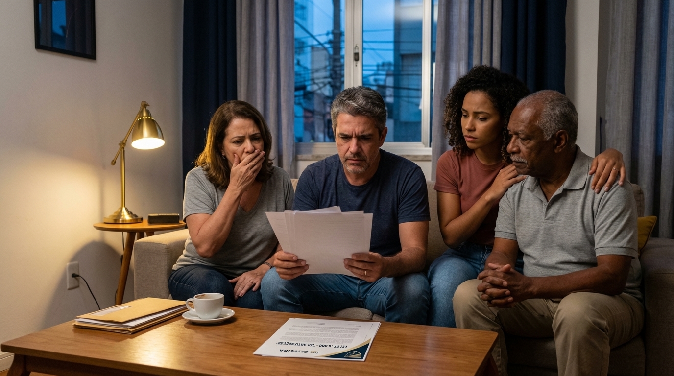 Família brasileira angustiada na sala de estar lendo documentos legais e temendo injustiças relacionadas a acusações de crime organizado