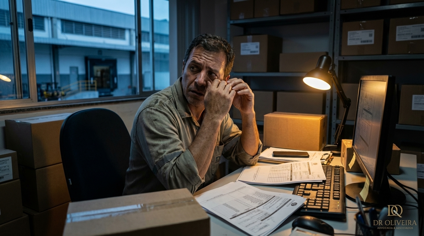 Cidadão brasileiro trabalhador em sua pequena empresa de logística apreensivo com possíveis interpretações arbitrárias da lei de crime organizado