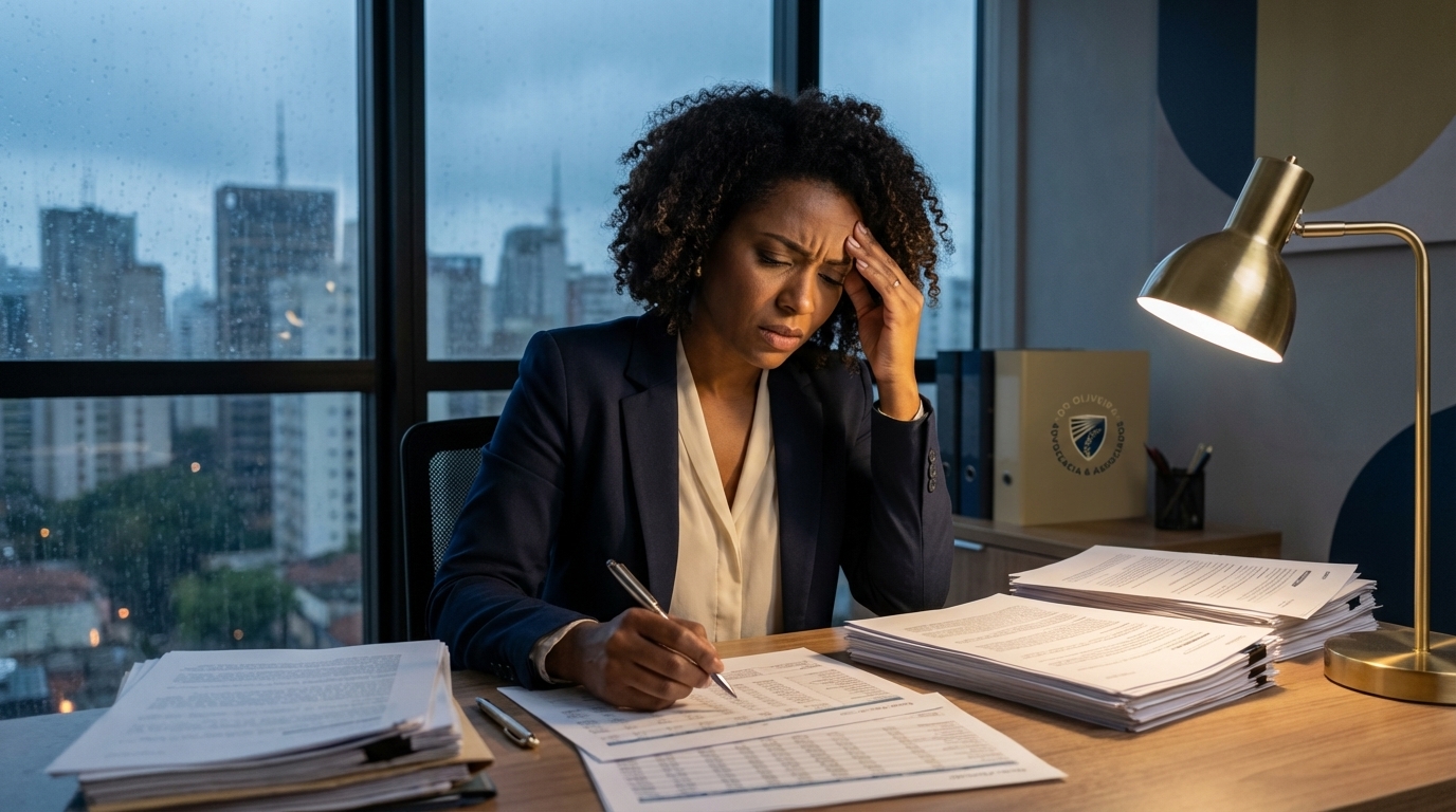 Executiva brasileira negra revisando planilhas financeiras tensa com os riscos do Direito Penal Econômico e precisando de defesa criminal SP