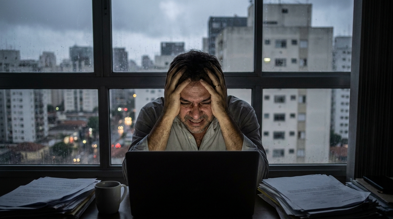 Trabalhador brasileiro exausto em frente ao computador no escritório em São Paulo segurando a cabeça com forte expressão de dor e cansaço extremo, cobertura plano de saúde burnout