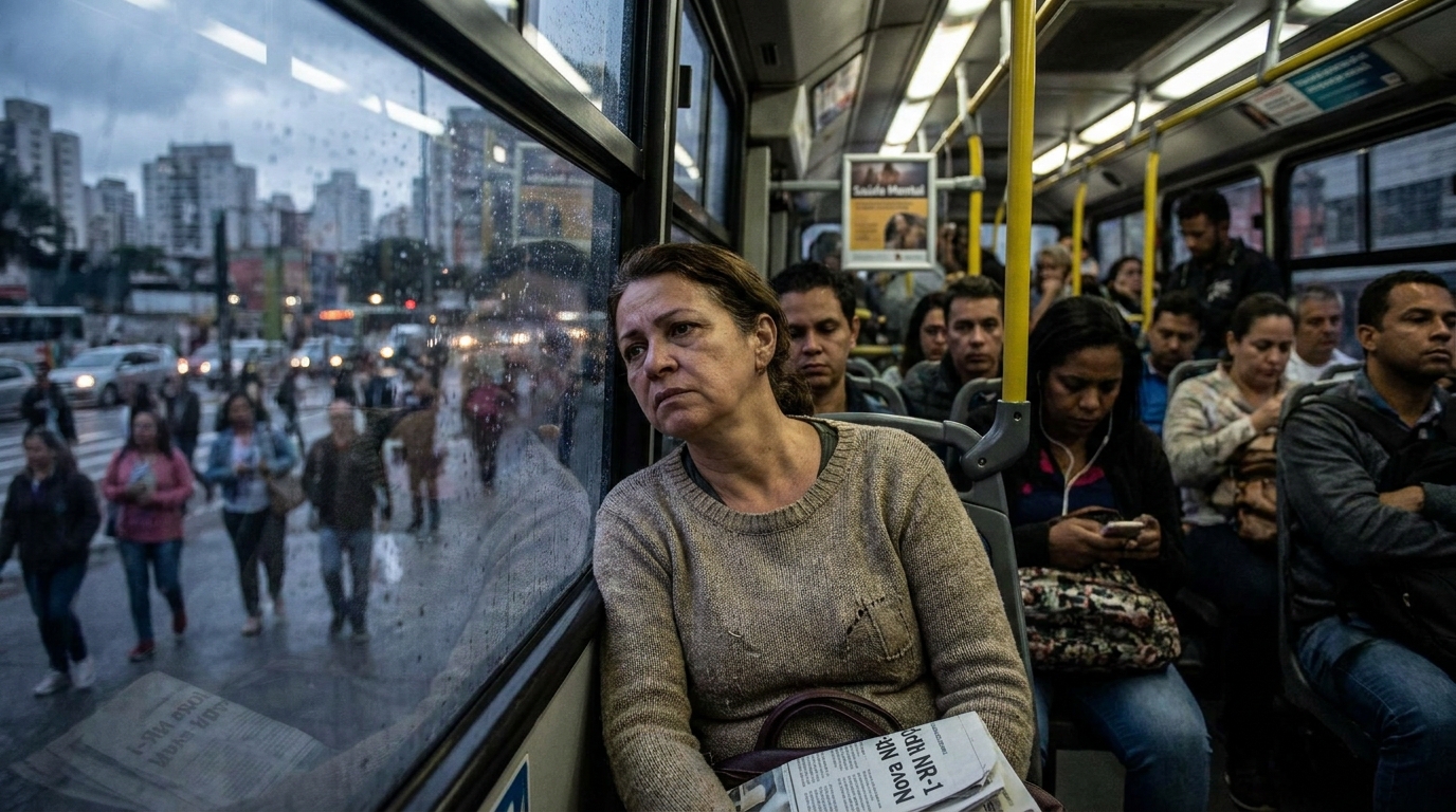 Professora brasileira cansada no transporte público lotado olhando pela janela com expressão de profunda ansiedade e tristeza, nova NR-1 saúde mental