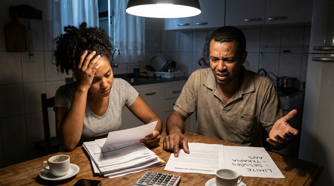 Casal brasileiro afrodescendente muito preocupado na mesa da cozinha analisando contas médicas e contratos de plano de saúde com expressão tensa e desesperançosa, limite sessões terapia ANS