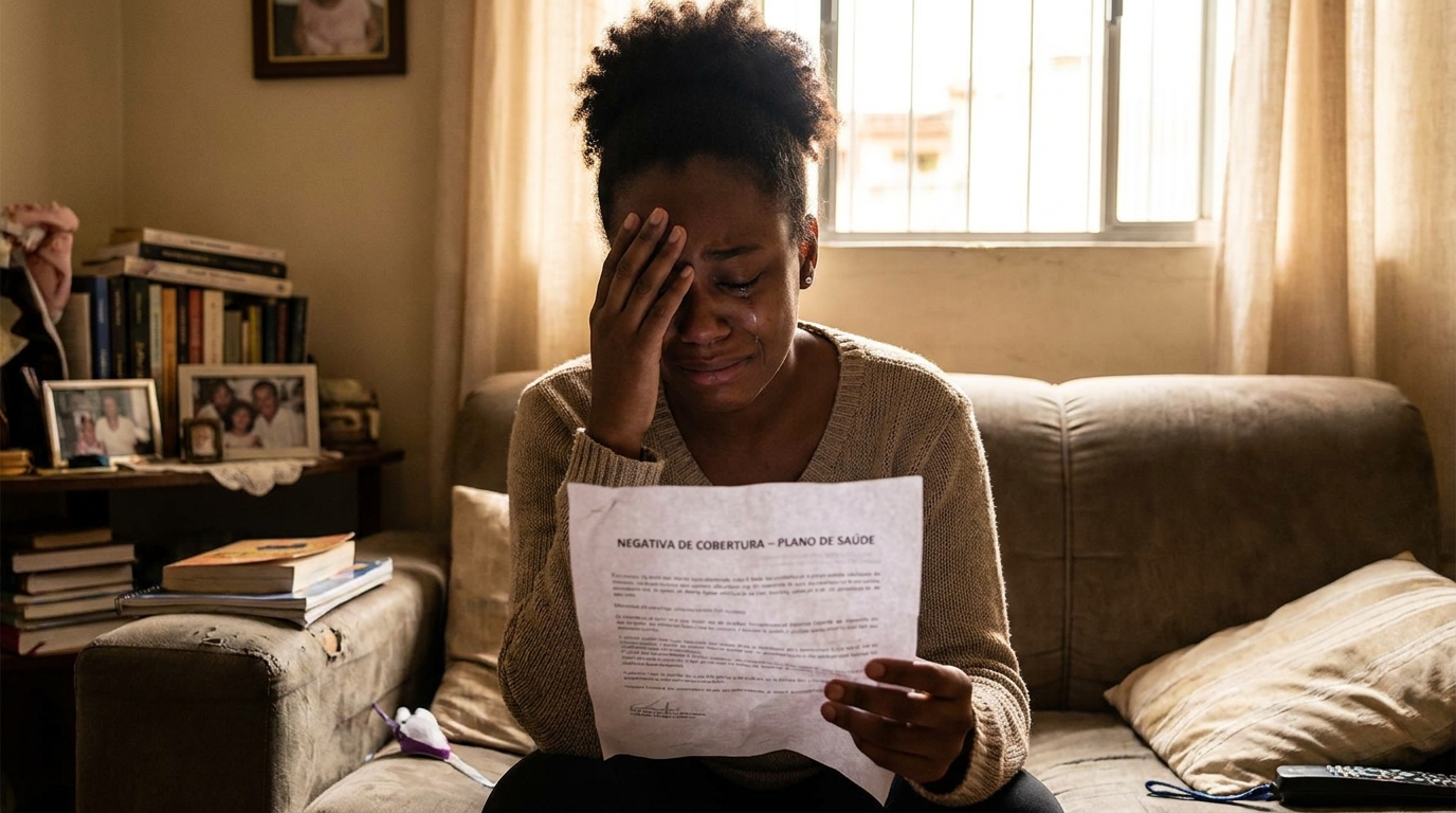 Jovem mulher negra brasileira chorando segurando um documento de negativa do plano de saúde em sua sala de estar com expressão de profunda frustração, negativa de cobertura saúde mental