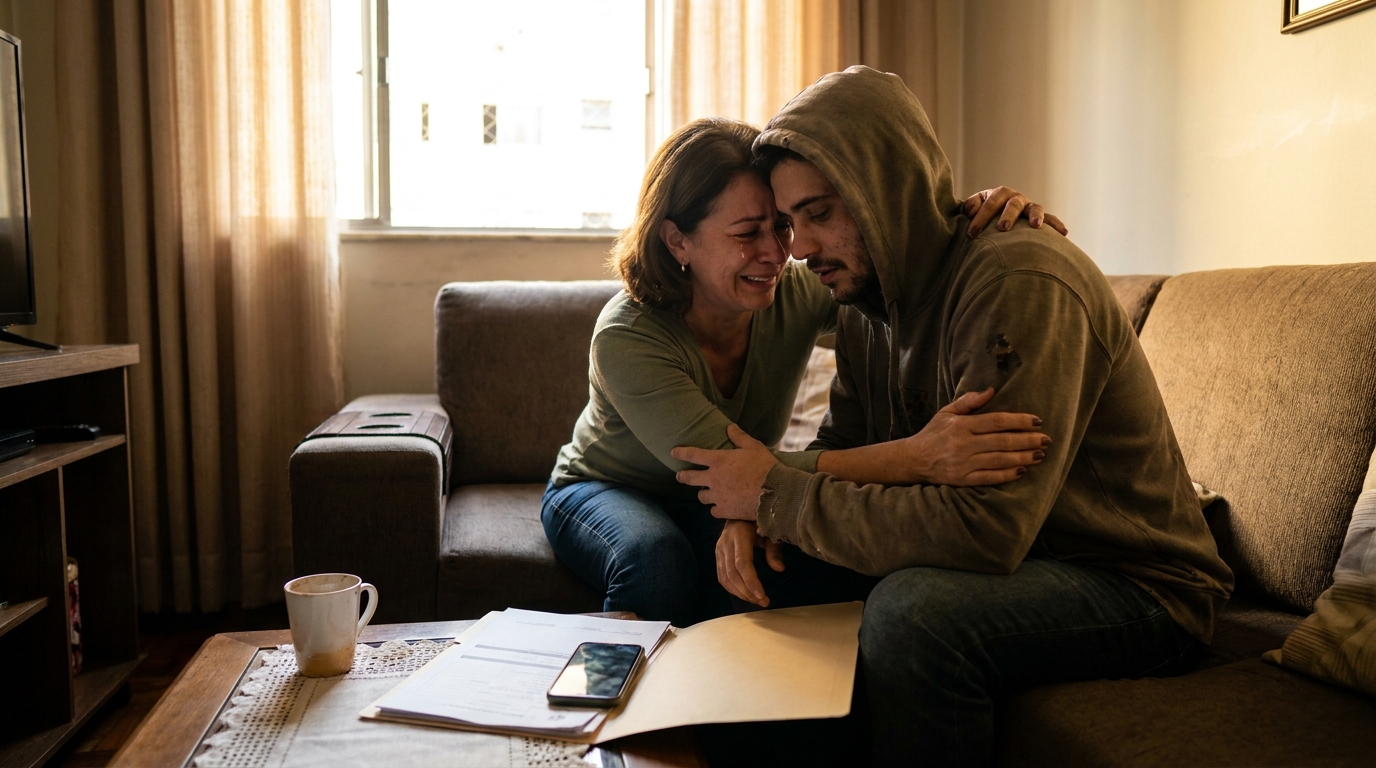 Mãe brasileira abraçando o filho adulto em casa com expressão de forte alívio e conforto após conseguir aprovação de tratamento médico judicial, tratamento psiquiátrico plano de saúde