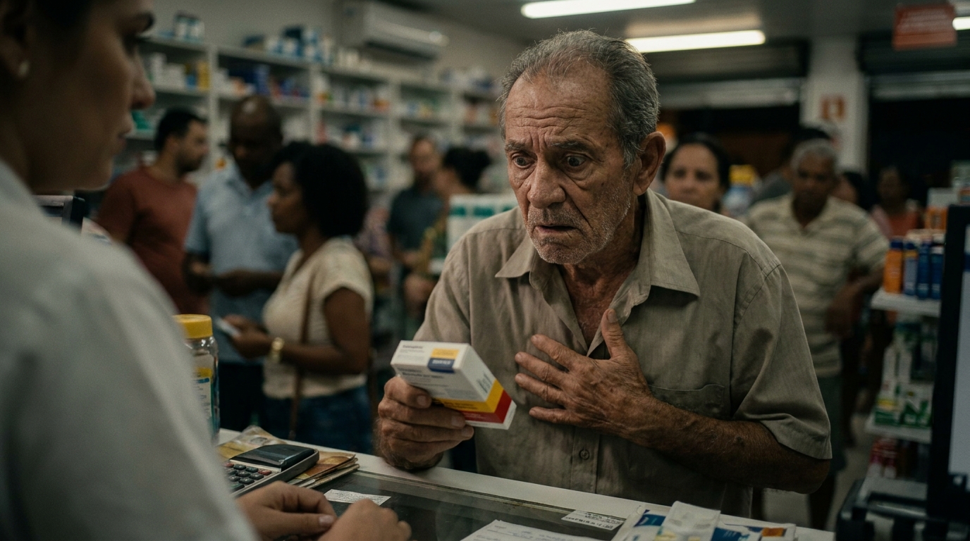Senhor brasileiro idoso e humilde em uma farmácia olhando para o preço de medicamentos no balcão com expressão de choque e profunda preocupação financeira