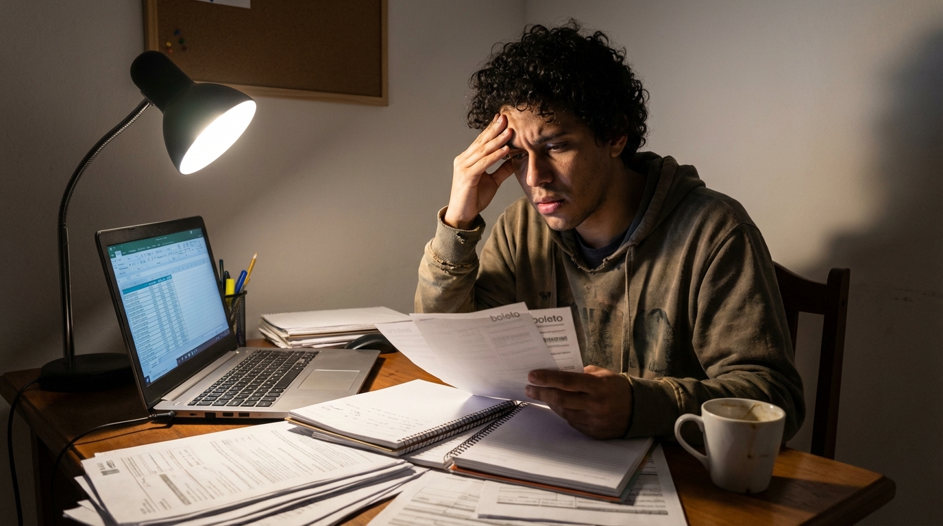 Estudante universitário brasileiro com expressão de estresse analisando boletos de faculdade na mesa de casa - renegociação FIES