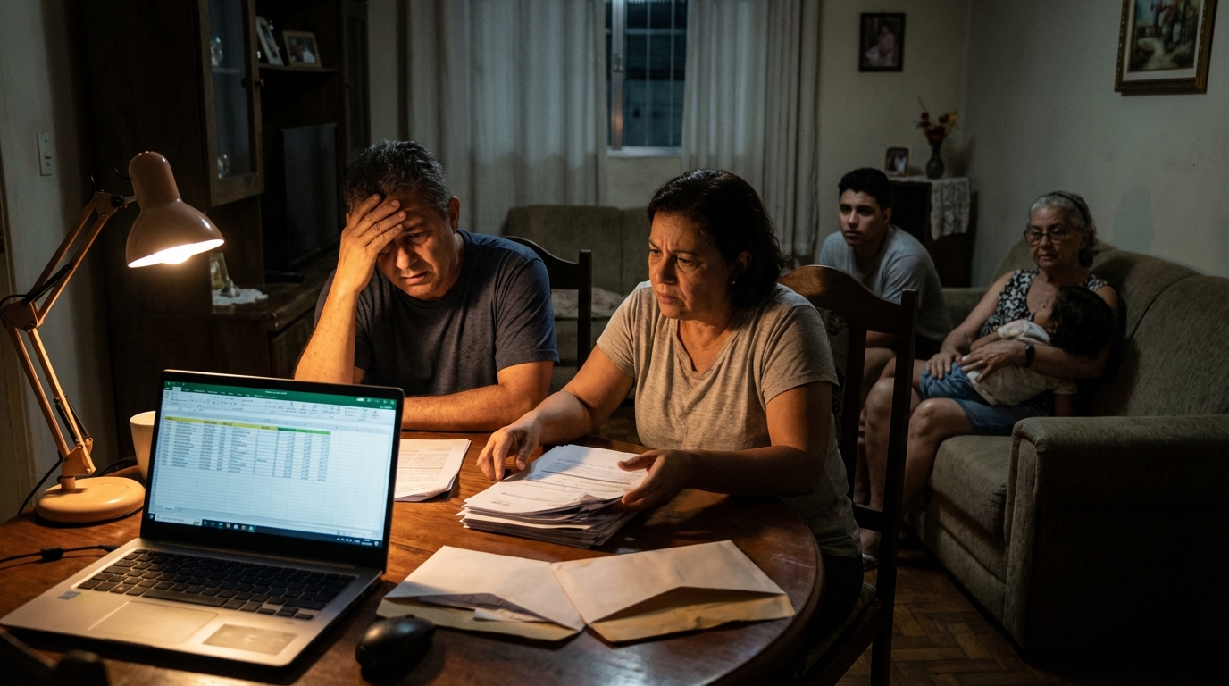 Família brasileira preocupada revisando contratos e documentos financeiros na sala de estar - dívida de faculdade