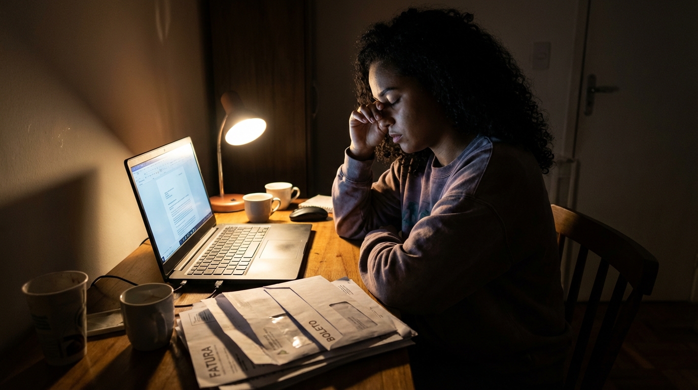Jovem brasileira estudando de madrugada com olhar cansado e faturas ao lado do computador - pacote de endividamento do governo