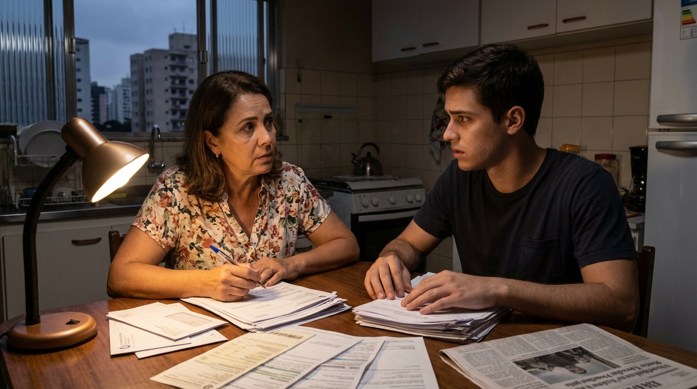 Mãe e filho conversando seriamente sobre o futuro educacional com papéis sobre a mesa - juros abusivos universidade