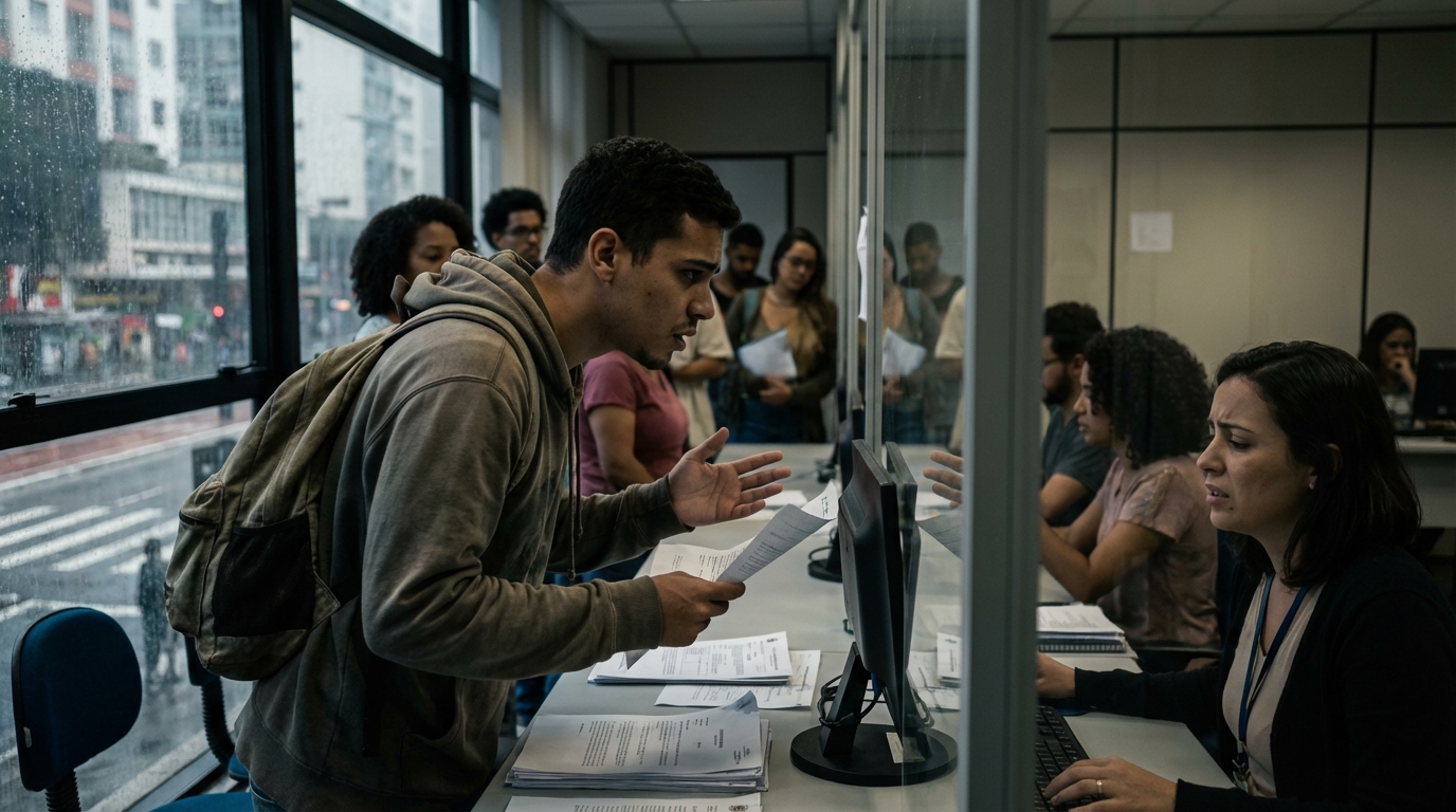 Estudante frustrado na secretaria da universidade tentando resolver bloqueio de matrícula - direito educacional