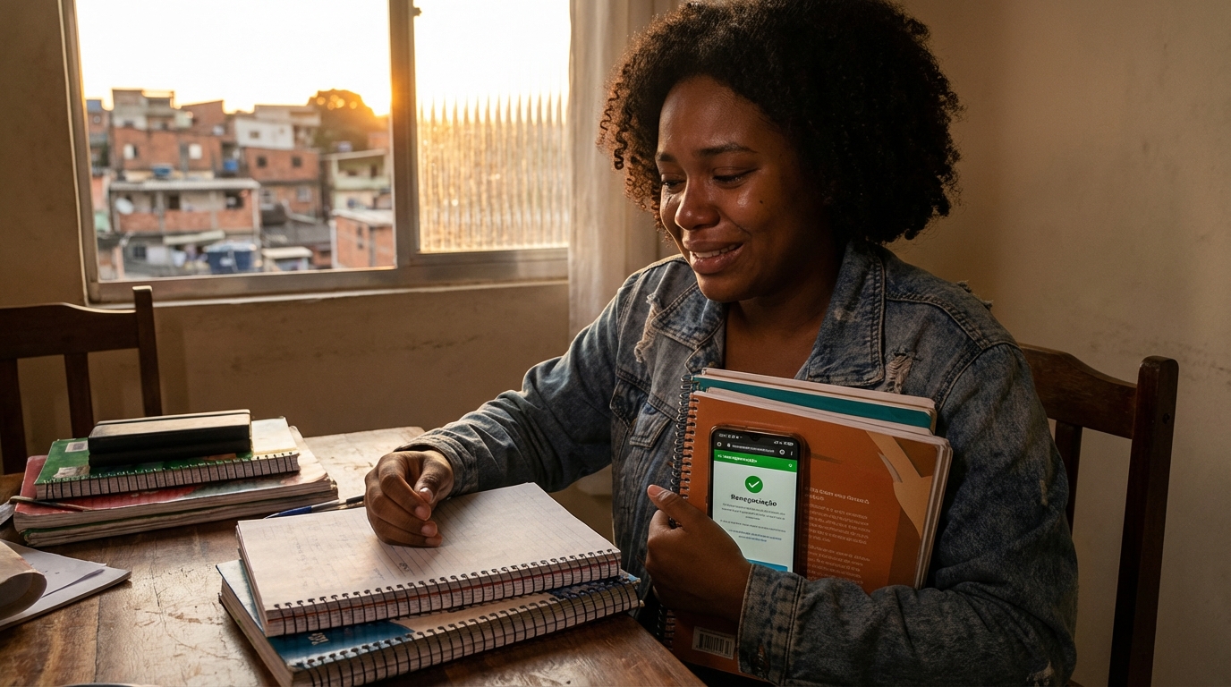 Jovem negra brasileira sorrindo aliviada segurando cadernos após conseguir renegociar dívida estudantil - renegociação FIES