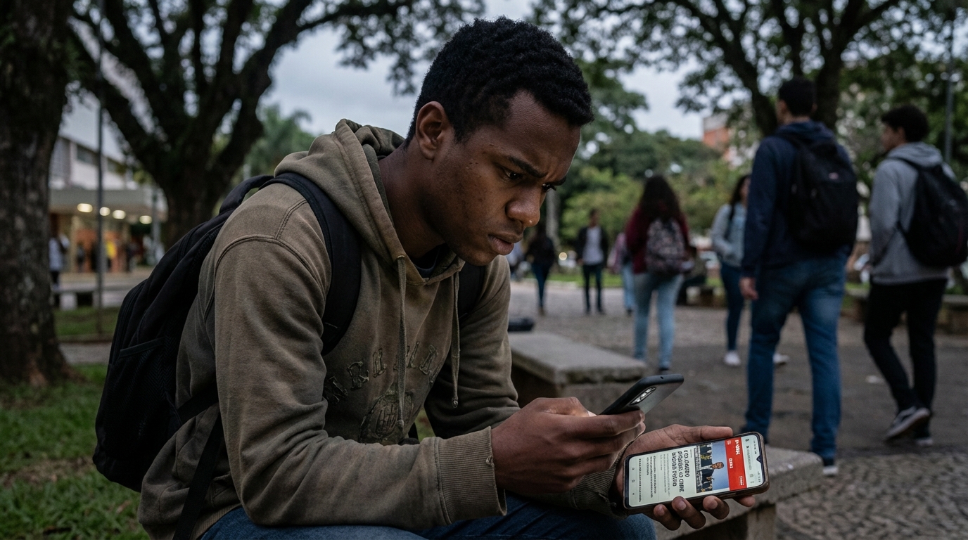 Estudante universitário brasileiro negro com expressão de preocupação lendo notícias no celular em campus universitário - apologia ao crime