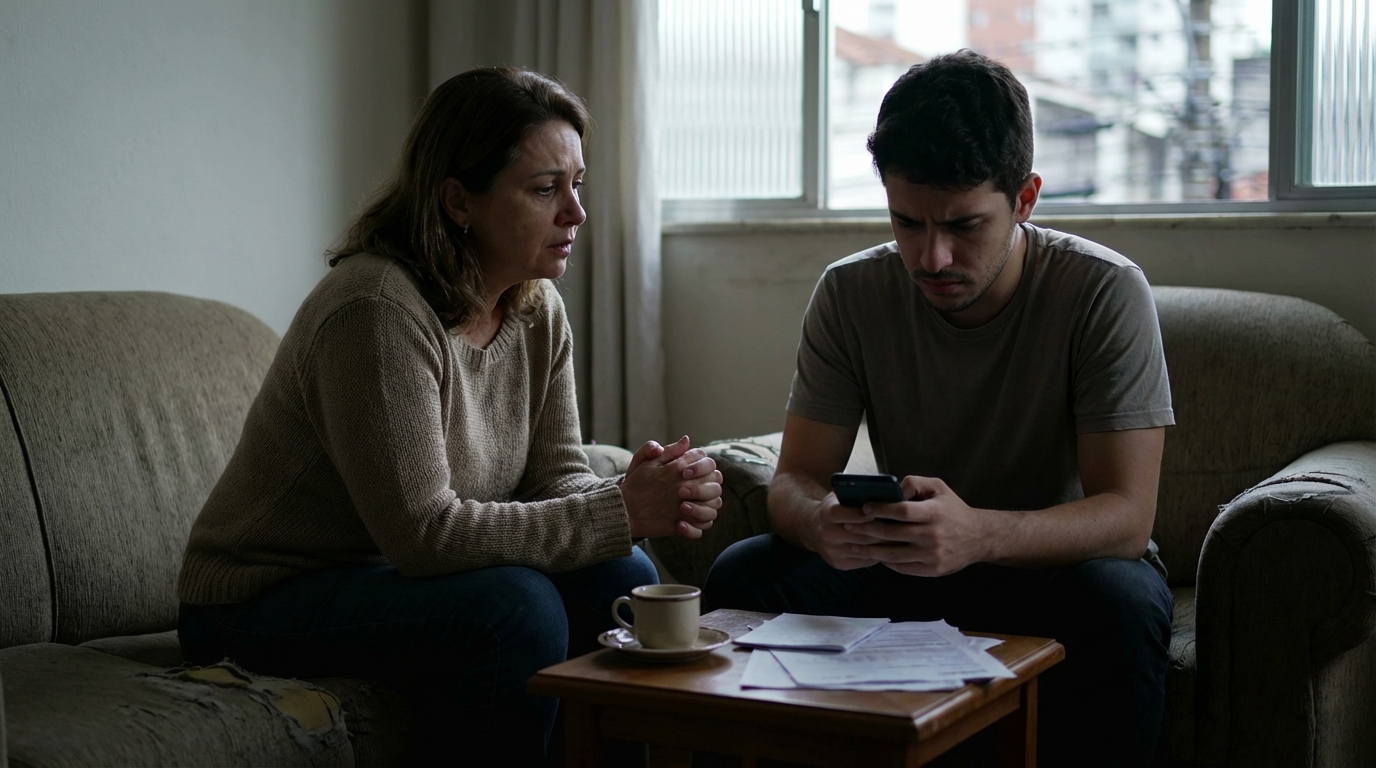 Mãe brasileira angustiada conversando com filho jovem na sala de estar sobre postagens políticas nas redes sociais - defesa criminal 8 de janeiro