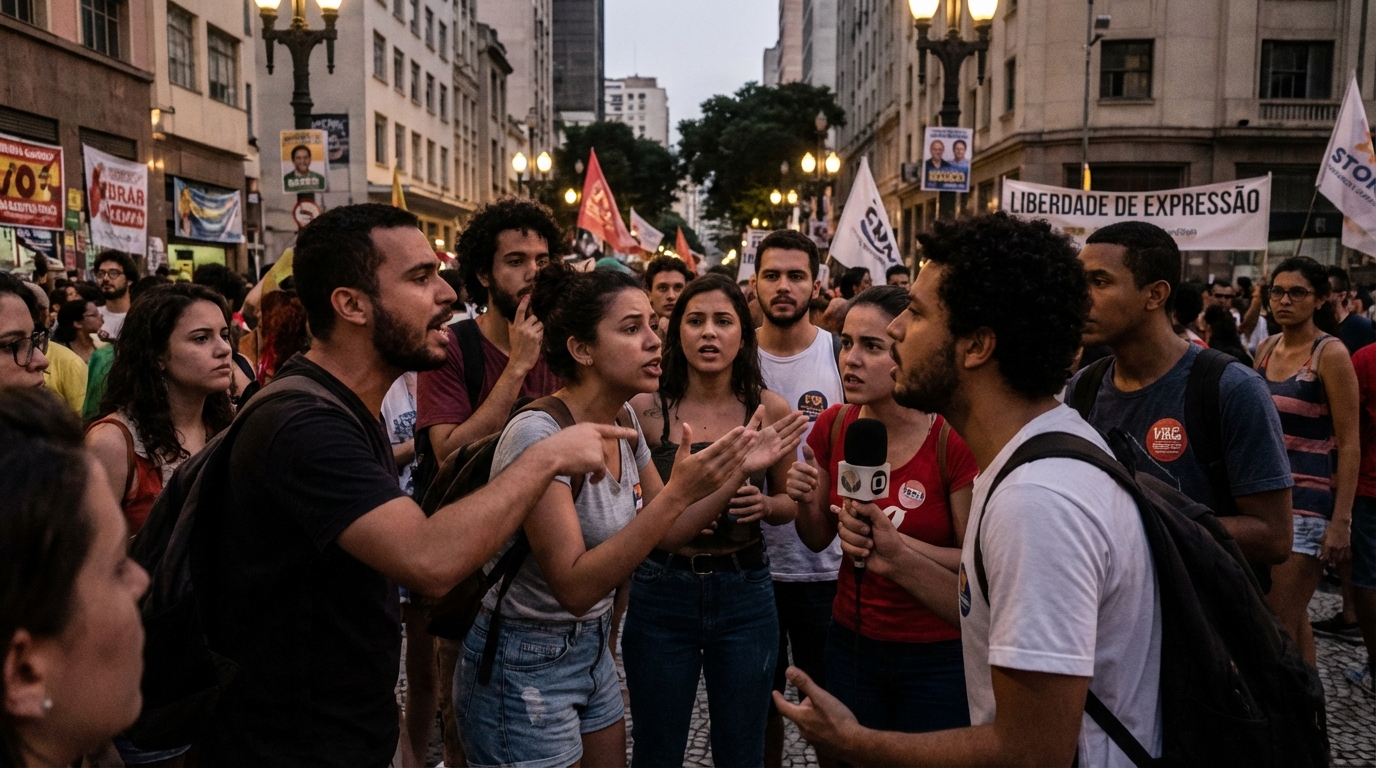 Grupo de jovens ativistas brasileiros debatendo de forma tensa em uma praça pública durante período eleitoral - liberdade de expressão