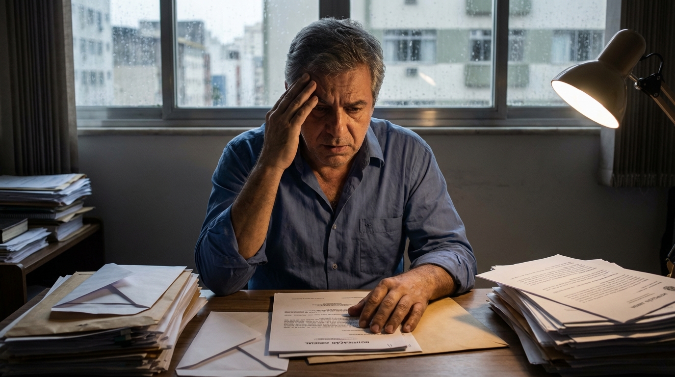 Empresário brasileiro de meia idade tenso analisando documentos fiscais e notificações em seu escritório - crimes contra o estado democrático