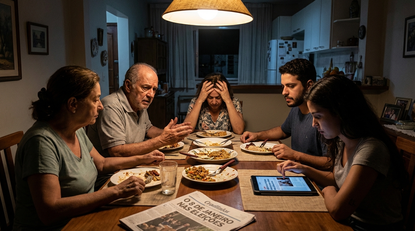 Família brasileira reunida à mesa do jantar com expressões sérias discutindo consequências de atos políticos - advogado criminalista