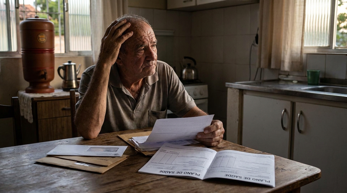Idoso brasileiro preocupado segurando boletos do plano de saúde na mesa da cozinha