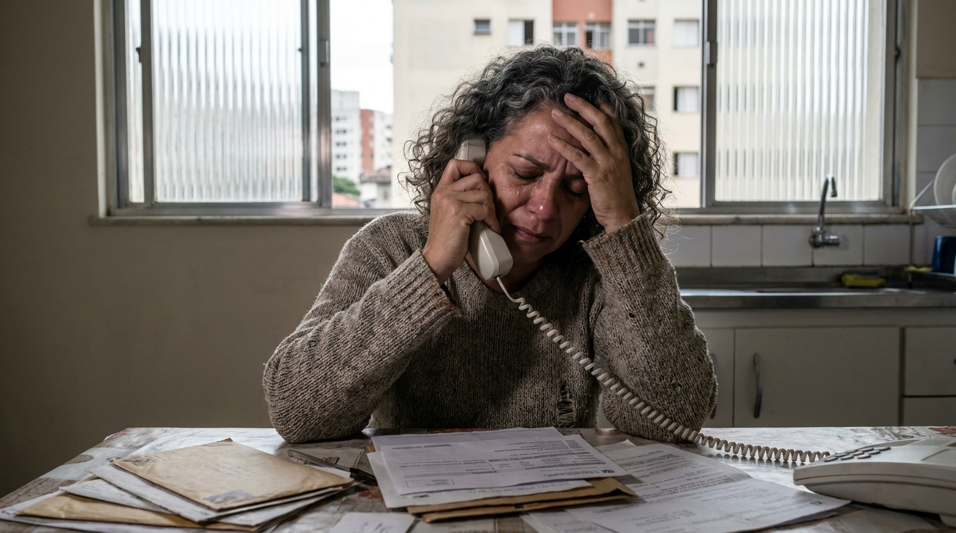 Mulher brasileira de meia idade angustiada no telefone tentando resolver cobrança indevida com operadora de saúde