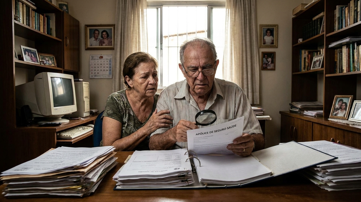 Casal de idosos brasileiros examinando cuidadosamente apólice de seguro em escritório residencial