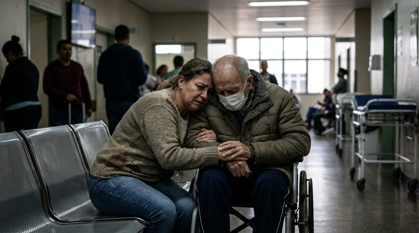 Filha preocupada abraçando pai idoso debilitado em corredor de hospital brasileiro aguardando atendimento