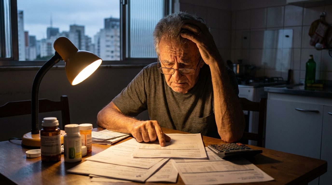 Trabalhador brasileiro idoso com expressão tensa calculando despesas médicas e remédios na mesa